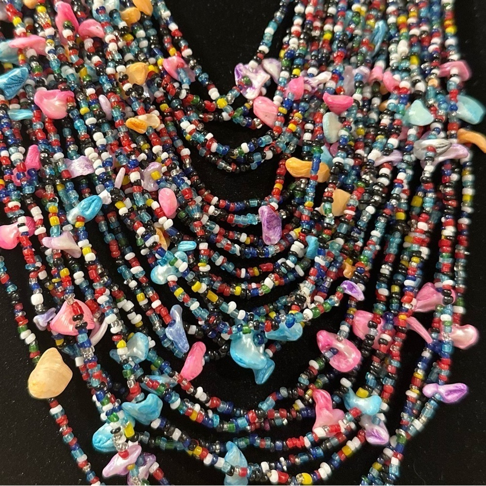 Multi-strand Shells & Seed Beads Multicolored Bib Necklace Layered Bright Pastel - Picture 7 of 15